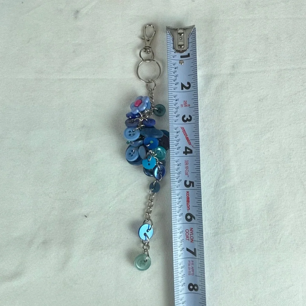 Blue Button Bag Charm‎ Keychain Handmade Cluster Flower Accessory Silver Tone